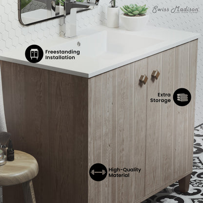 36-inch freestanding bathroom vanity in gray oak with single sink and soft-close doors.