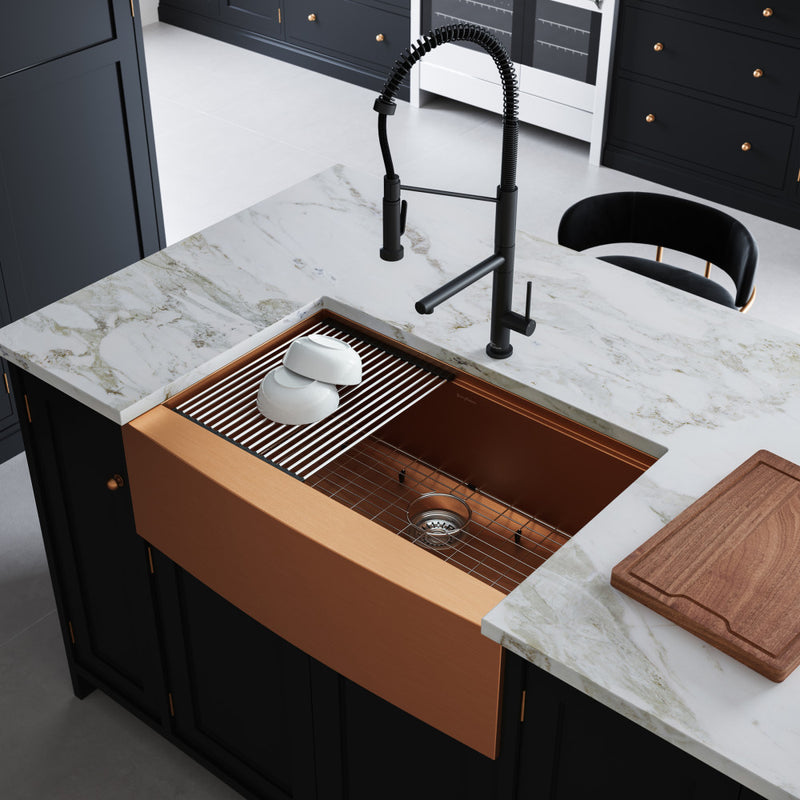 Tourner 33 x 22 Stainless Steel, Single Basin, Farmhouse Kitchen Workstation Sink with Apron in Rose Gold