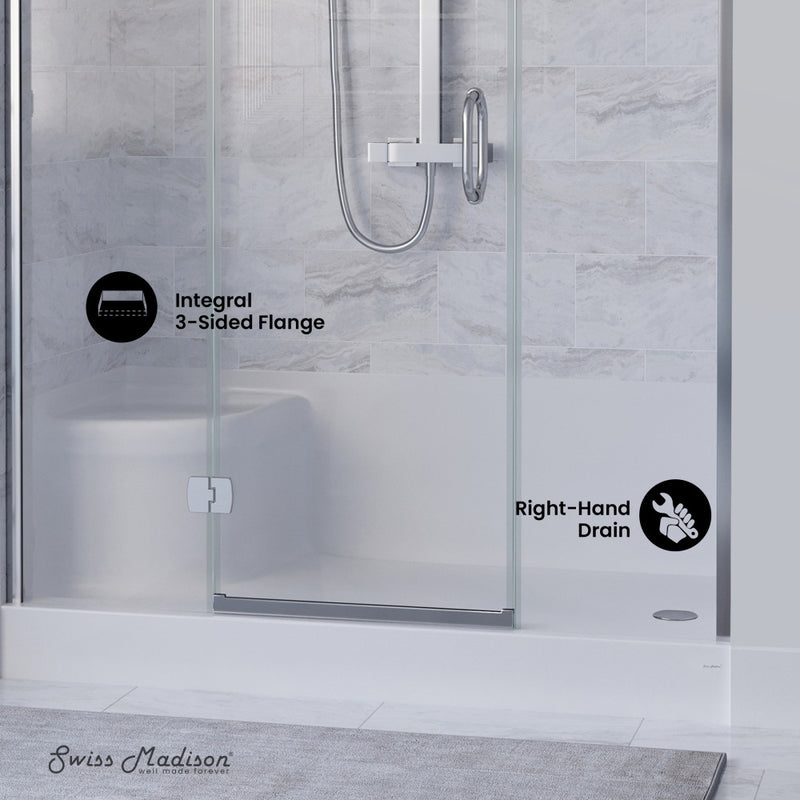 Aquatique 60" x 32" Single Threshold Shower Base With Right Hand Drain and Integral Left Hand Seat in White