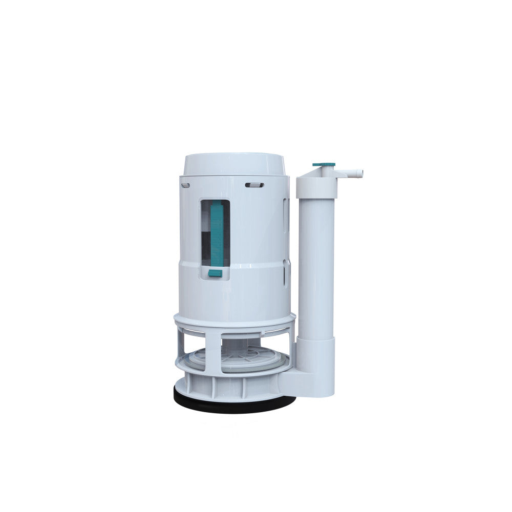 Toilet replacement flush valve with blue indicator window and vertical pipe attachment.