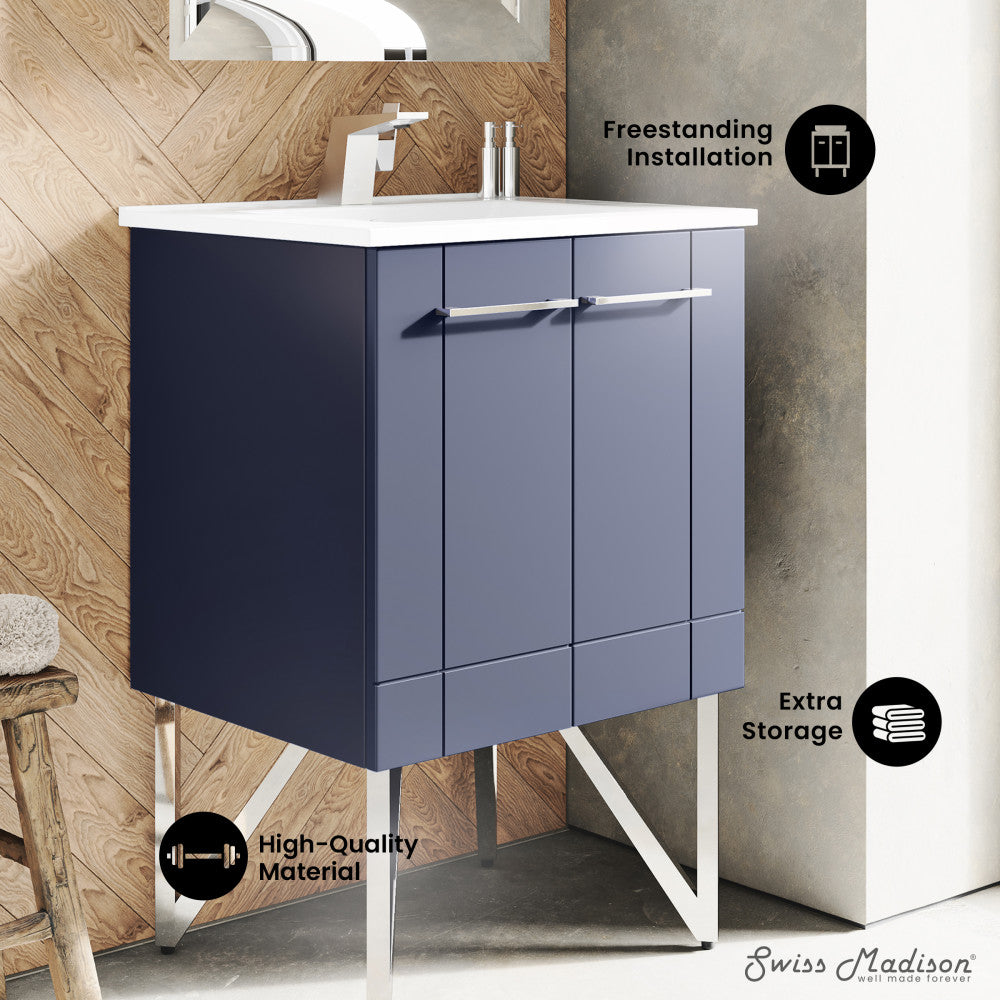 24-inch freestanding purple bathroom vanity with single sink and metal legs.
