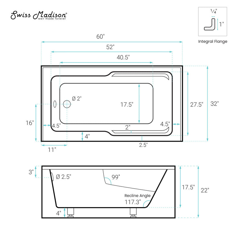 Claire 60" x 32" Left-Hand Drain Drain Alcove Tub with Corner Apron