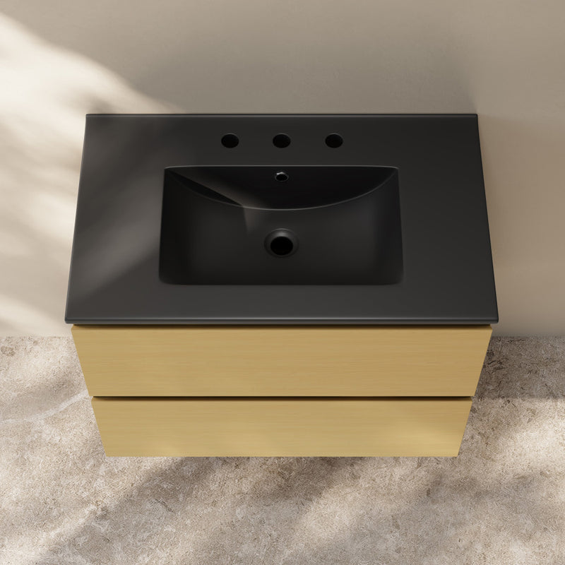 Liberte 30" Wall-Mounted Bathroom Vanity in Natural Oak with Black 3-Hole Widespread Sink Top