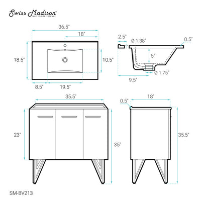 Annecy 36" Freestanding Bathroom Vanity in White with Sink Top
