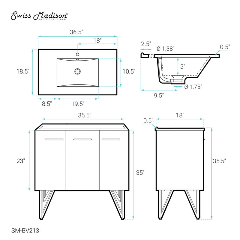 Annecy 36" Freestanding Bathroom Vanity in White with Sink Top
