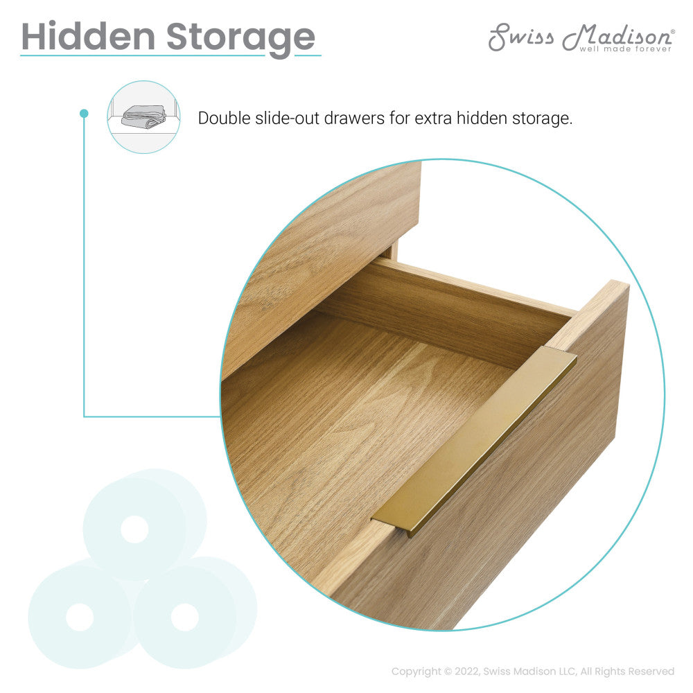 24-inch freestanding bathroom vanity in golden oak with double slide-out drawers and sink top.