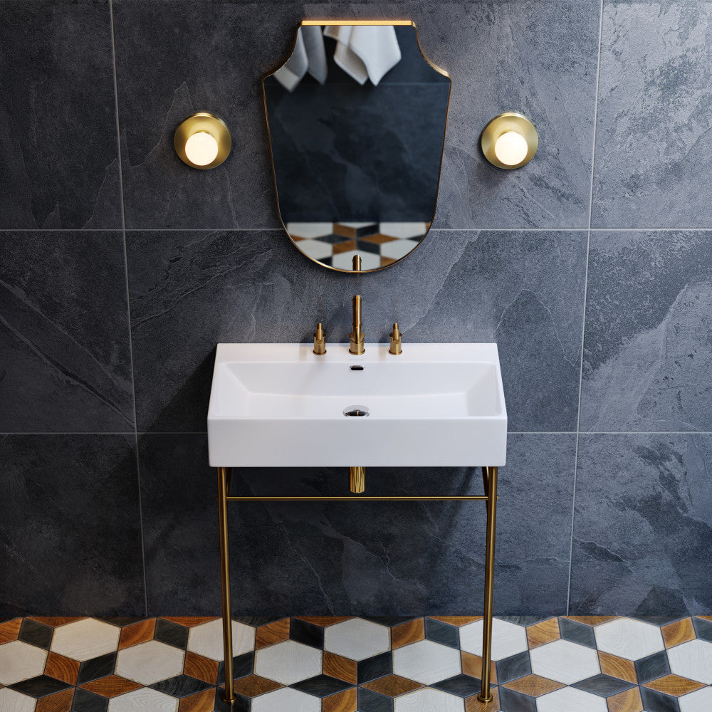 Claire 30" Console Sink White Basin Brushed Gold Legs with 8" Widespread Holes