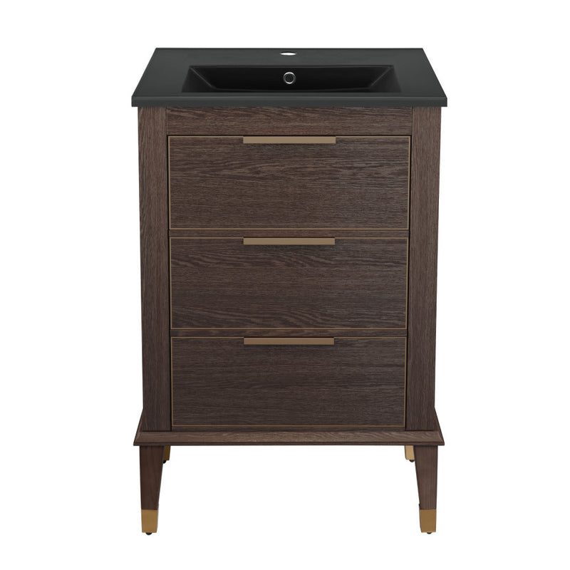 Hugo 24 in. Brown Oak Bathroom Vanity With Black Ceramic Sink Top