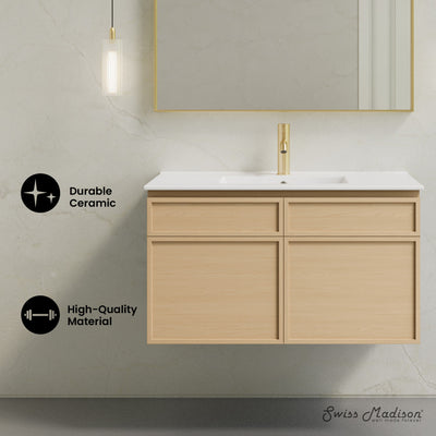 St. Tropez 36" Wall-Mounted Bathroom Vanity in Natural Oak with Sink Top