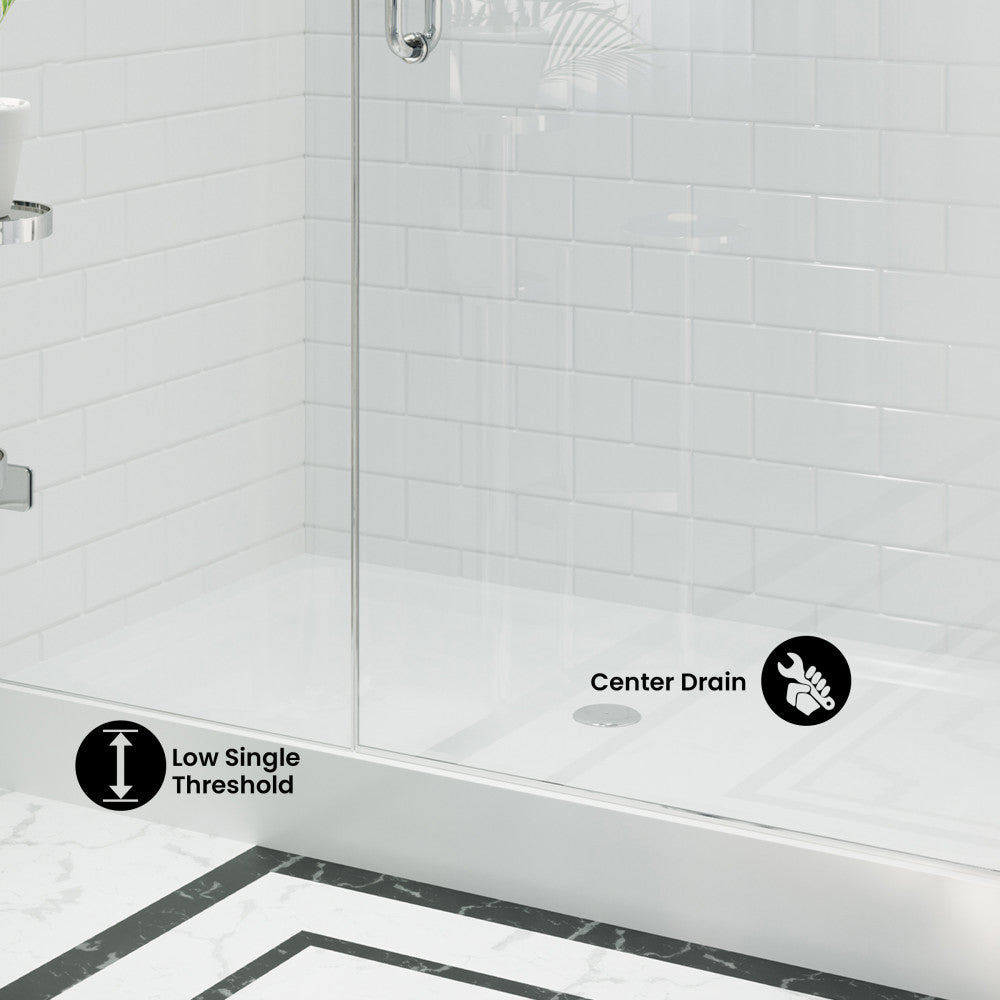 Voltaire 60" x 32" Acrylic White, Single-Threshold, Center Drain, Shower Base