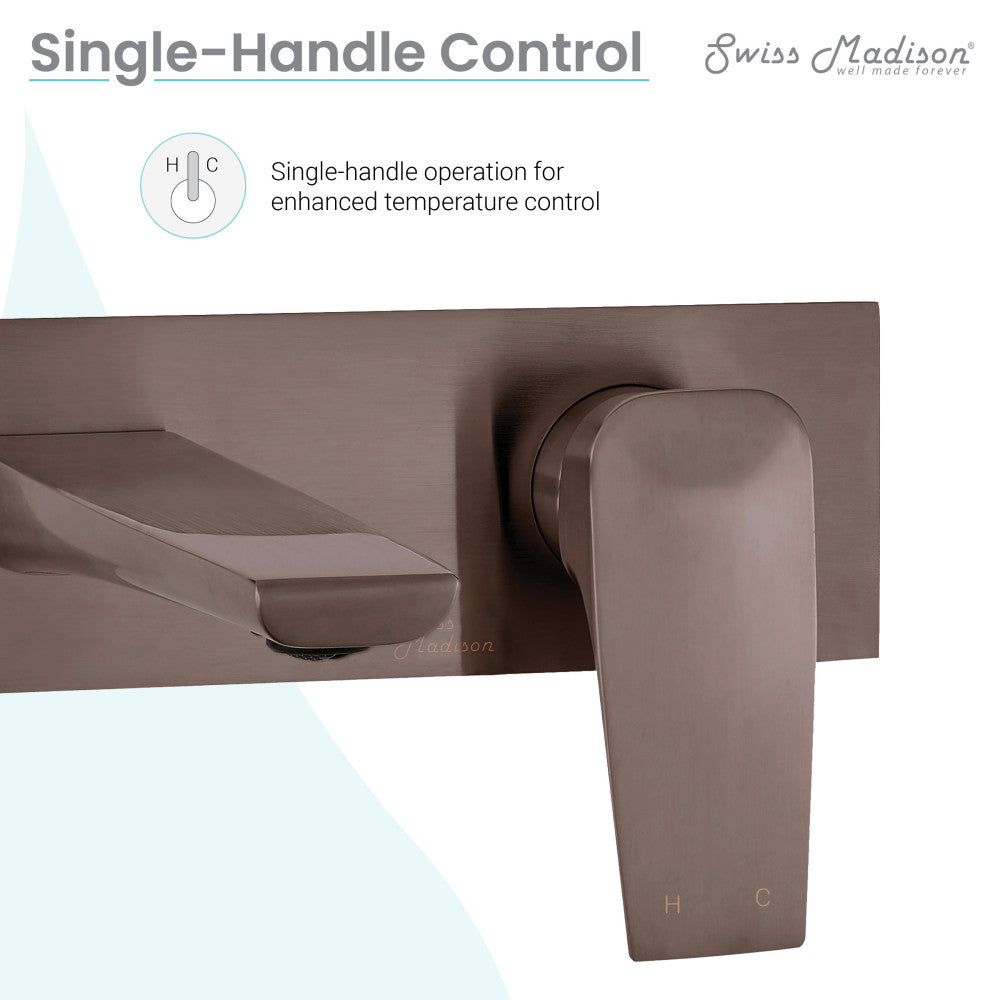 Single-handle wall-mount bathroom faucet in oil rubbed bronze with temperature control markings.