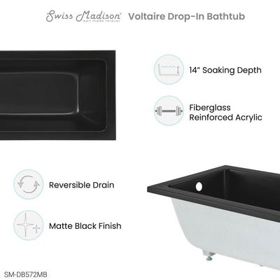 Voltaire 54" x 30" Reversible Drain Drop-In Bathtub in Matte Black