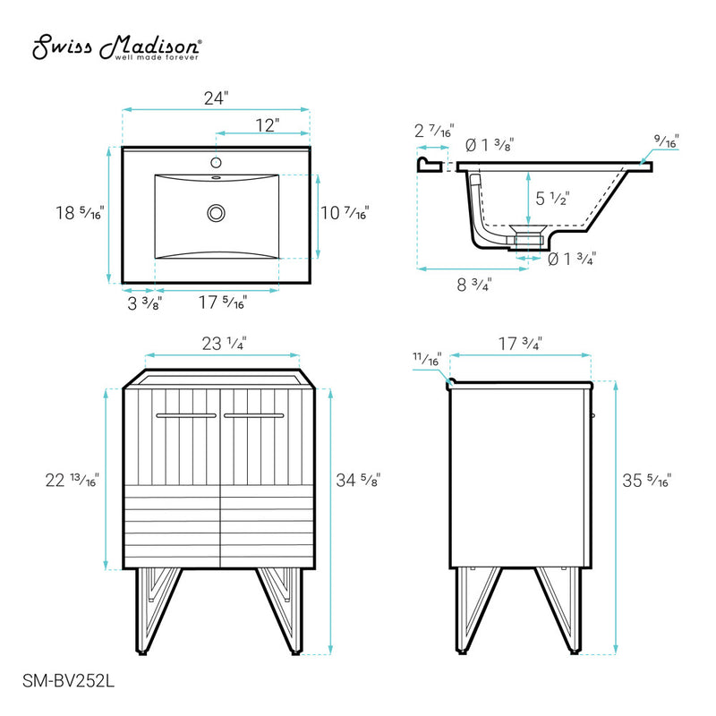 Annecy 24" Freestanding Bathroom Vanity in Granger Blue with Sink Top
