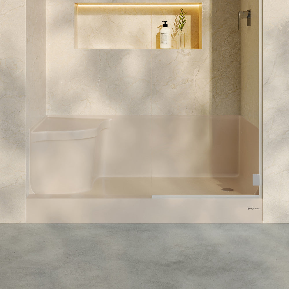 Aquatique 60" x 32" Single Threshold Shower Base With Right Hand Drain and Integral Left Hand Seat in Biscuit