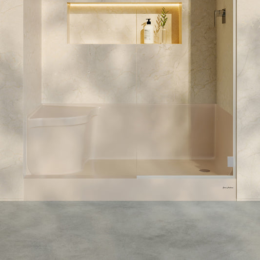 Aquatique 60" x 32" Single Threshold Shower Base With Right Hand Drain and Integral Left Hand Seat in Biscuit