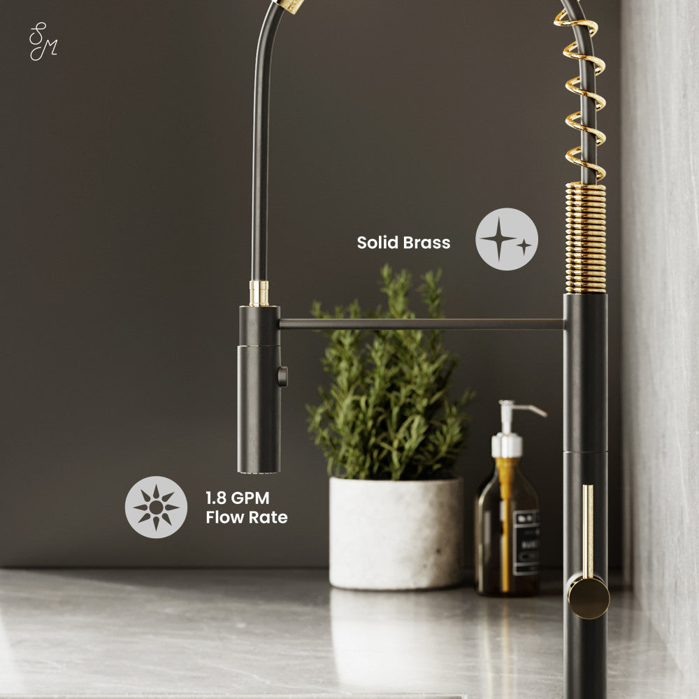 Single handle pull-down kitchen faucet in brushed gold and black with 1.8 GPM flow rate.