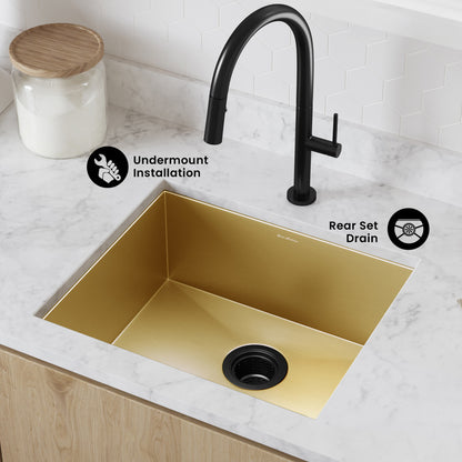 Tourner 21 x 18 Stainless Steel, Single Basin, Undermount Kitchen Sink, Gold
