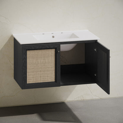 Classe 36" Wall-Mounted Bathroom Vanity in Black Oak with Widespread Faucet Holes Vanity Top