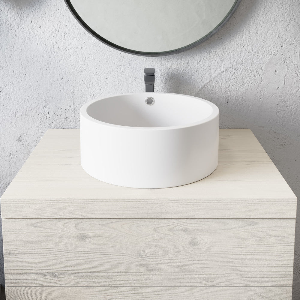 16.5” round vessel sink in matte white with overflow drain, modern minimalist design.