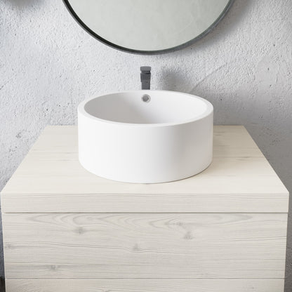 16.5” round vessel sink in matte white with overflow drain, modern minimalist design.