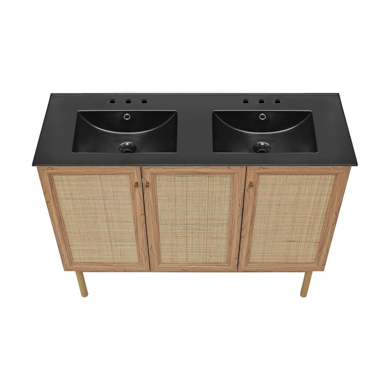 Classe 48 in. Brown Oak, Double Basin Bathroom Vanity With Black, 3-Hole Ceramic Sink Top