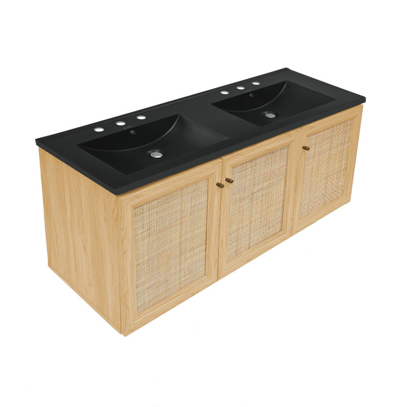 Classe 48" Wall-Mounted Bathroom Vanity in Natural Oak with Black 3-Hole Widespread Double Basin Sink Top