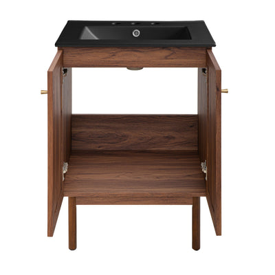 Classe 24 in. Brown Oak Bathroom Vanity With Black, 3-Hole Ceramic Sink Top