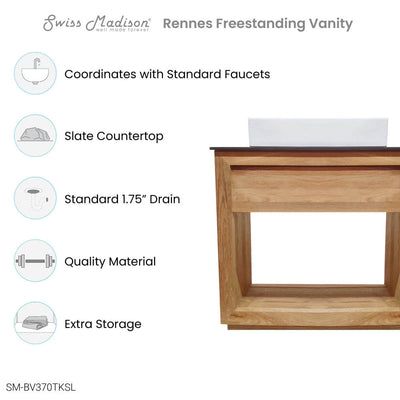 Rennes 36" Freestanding Bathroom Vanity in Natural Teak with Sink Top