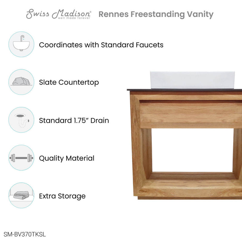 Rennes 36" Freestanding Bathroom Vanity in Natural Teak with Sink Top