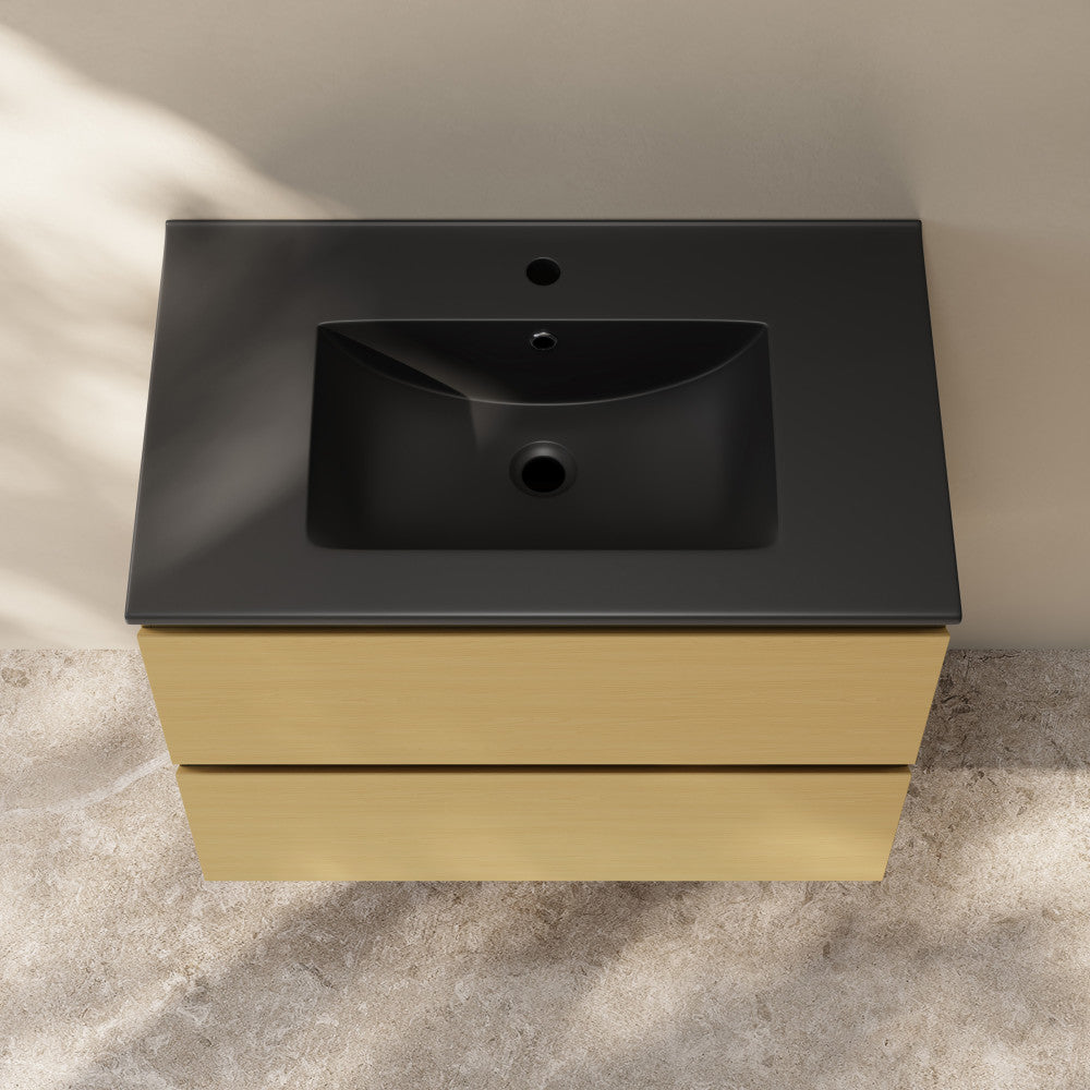 Liberte 30" Wall-Mounted Bathroom Vanity in Natural Oak with Black Sink Top