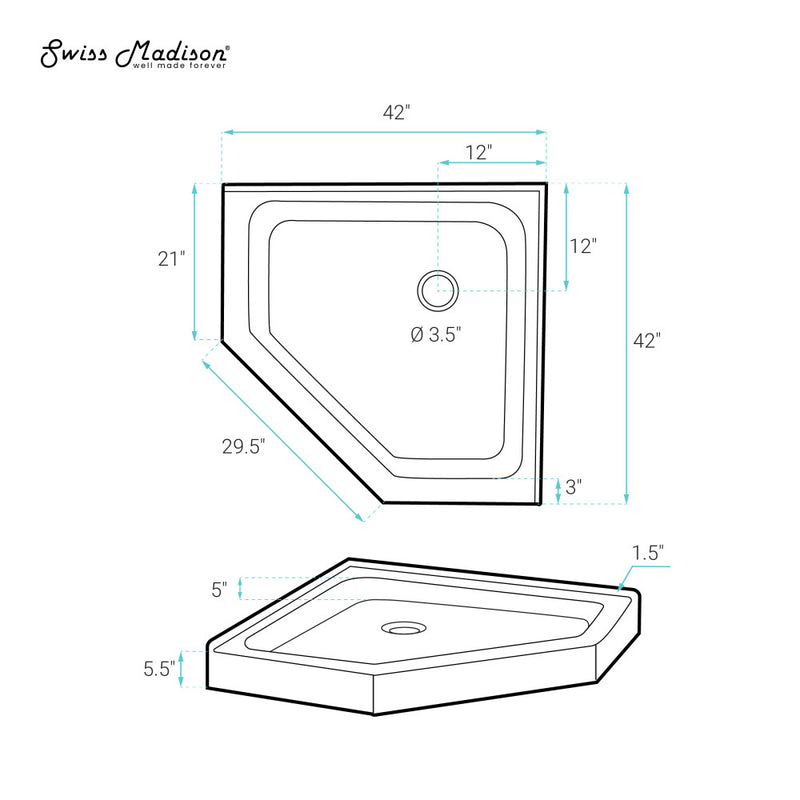 Voltaire 42" x 42" Acrylic White, Single-Threshold, Center Drain, Neo-angle Shower Base