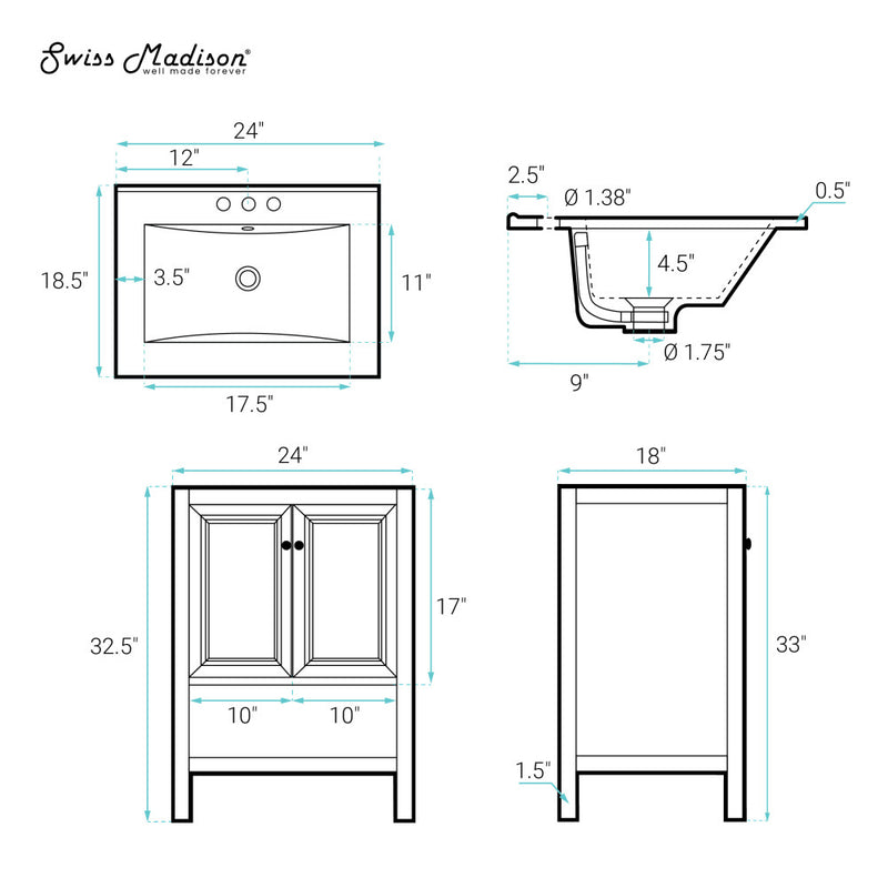 Château 24" Freestanding Bathroom Vanity in White Oak with Black 3-Hole Centerset Sink Top