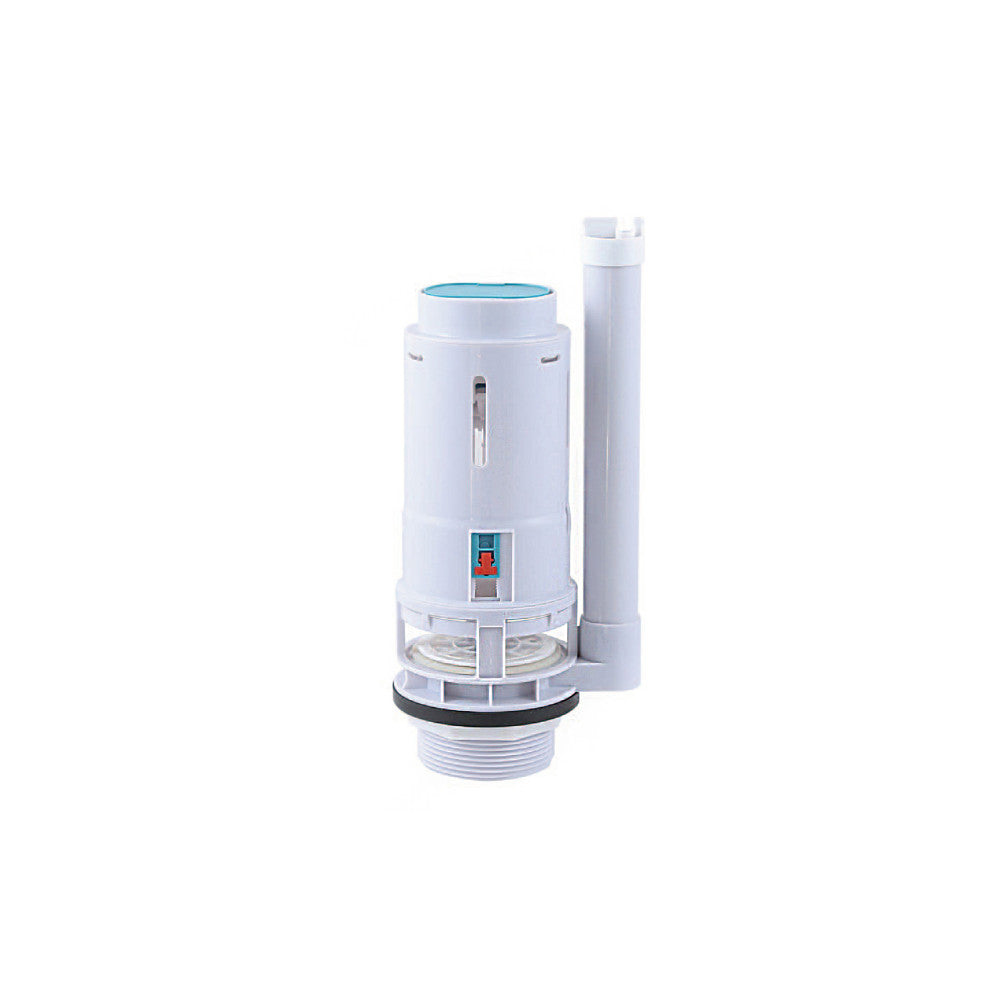 Flush valve replacement part for toilets in white plastic with a blue top and side tube.