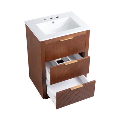 Daxton 24 in. Brown Walnut Bathroom Vanity With White, 3-Hole Ceramic Sink Top