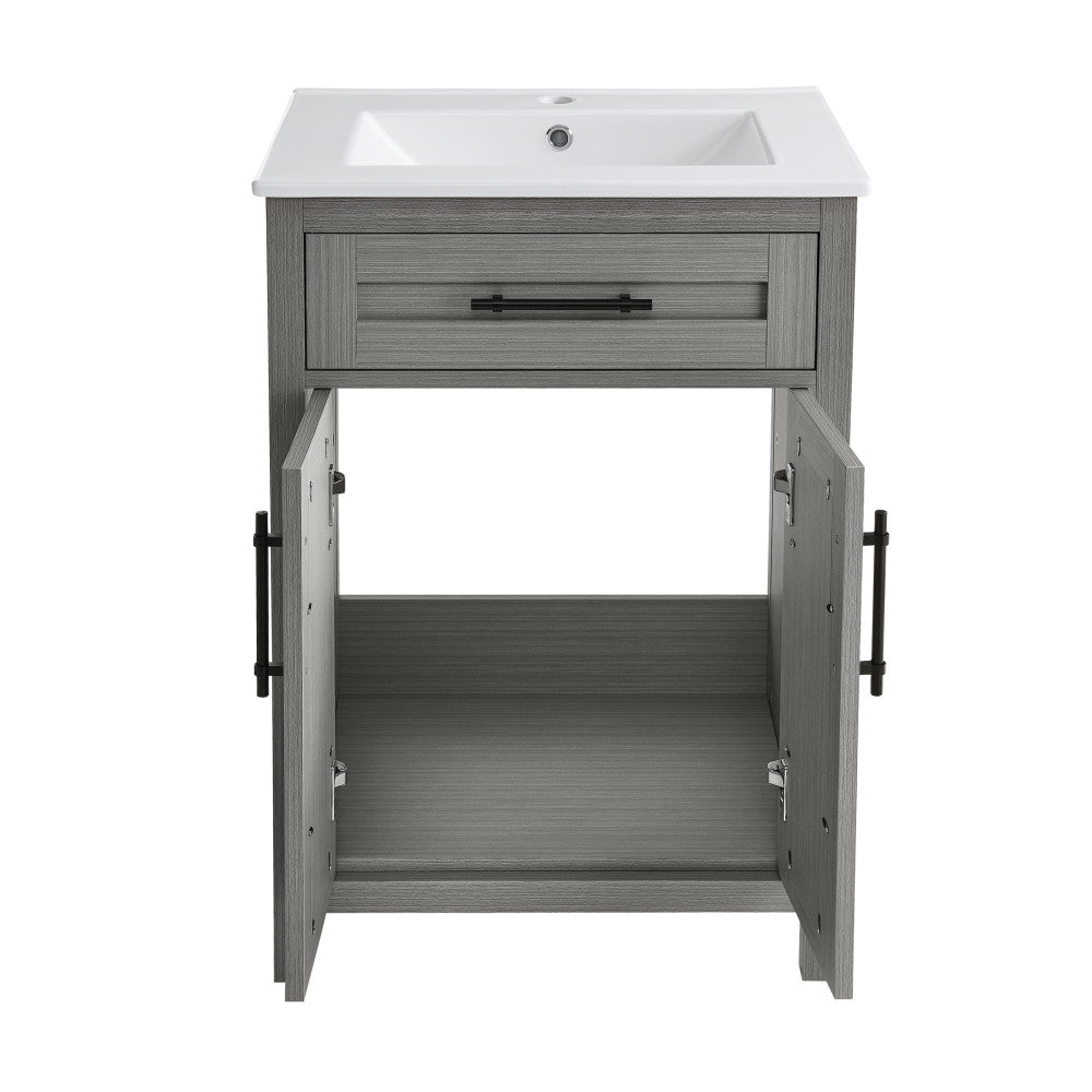 24-inch freestanding bathroom vanity in carbon gray with single sink and soft-close doors.