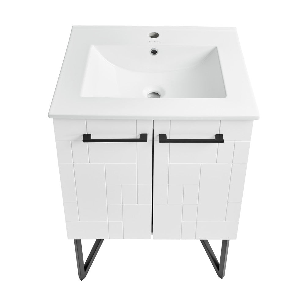 24-inch freestanding bathroom vanity in white with sink top, soft-close doors, black handles, and angled metal legs.