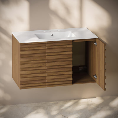 Cascade 36" Wall-Mounted Bathroom Vanity in Brown Oak with 3-Hole Widespread Sink Top