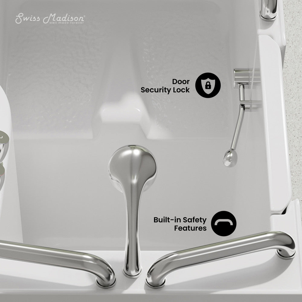 Auvergne 53" x 27" ADA Left Drain Walk-in Soaking Bathtub in Glossy White, Faucet Set, Drain, Grab Bars, Pillow Included