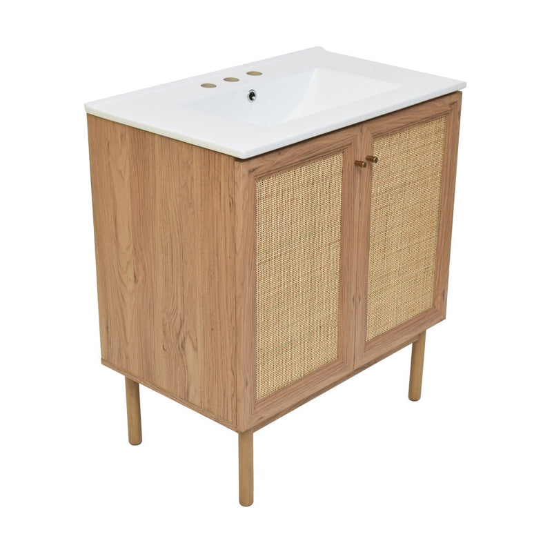 Classe 30 in. Brown Oak Bathroom Vanity With White, 3-Hole Ceramic Sink Top