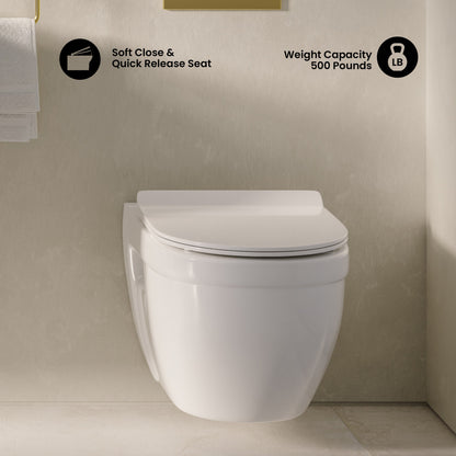 Elongated wall-hung toilet bowl with soft-close quick-release seat, white ceramic, modern minimalist design.