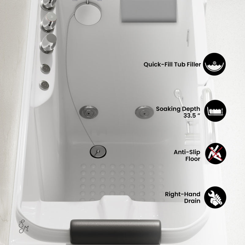 Auvergne 53" x 27" ADA Right Drain Walk-in Soaking Bathtub with Massage Jets in Glossy White, Faucet Set, Drain, Grab Bars, Pillow Included
