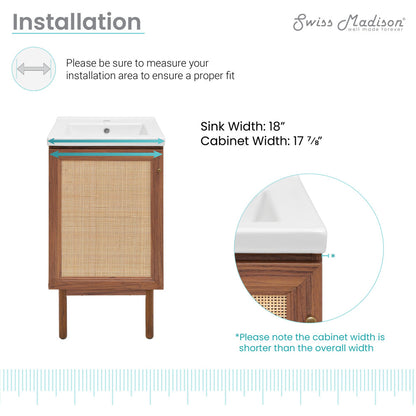 18-inch freestanding bathroom vanity in brown oak with woven front doors and white integrated sink top.