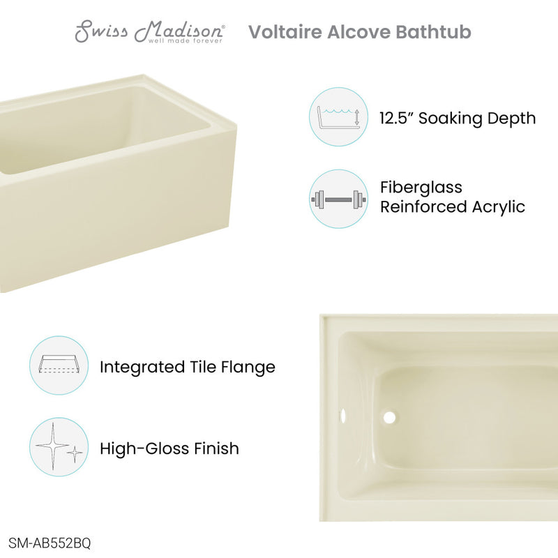 Voltaire 48" x 32" Left-Hand Drain Alcove Bathtub with Apron in Bisque