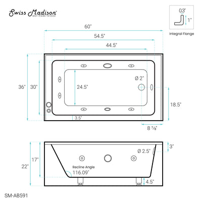 Avancer 60" x 36" Right-Hand Drain Rectangular Alcove Whirlpool Bathtub with Apron