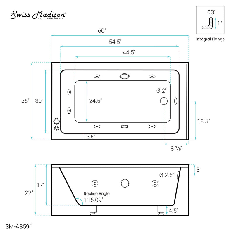 Avancer 60" x 36" Right-Hand Drain Rectangular Alcove Whirlpool Bathtub with Apron