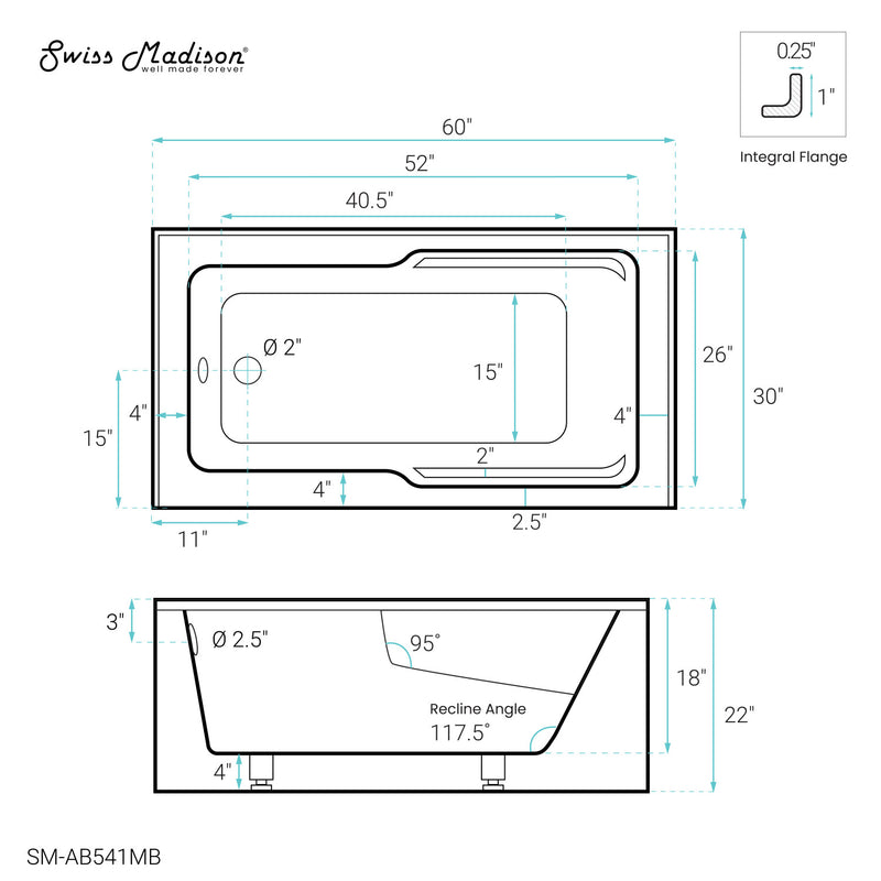 Voltaire 60" x 30" Left-Hand Drain Alcove Bathtub with Apron in Matte Black