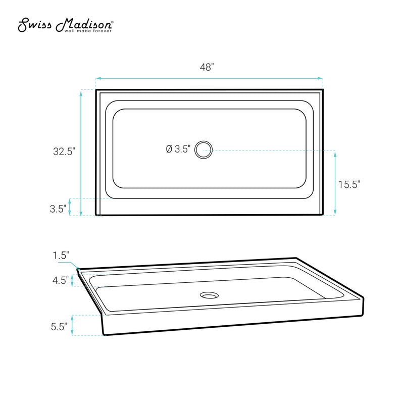 Voltaire 48" x 32" Single-Threshold, Center Drain, Shower Base in Grey