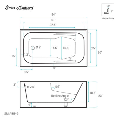 Voltaire 54" x 30" Left-Hand Drain Alcove Bathtub with Apron & Armrest