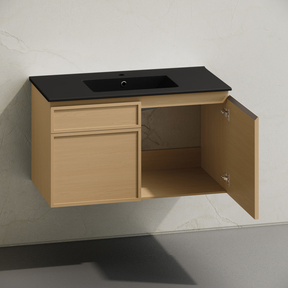 St. Tropez 36" Wall-Mounted Bathroom Vanity in Natural Oak with Black Sink Top