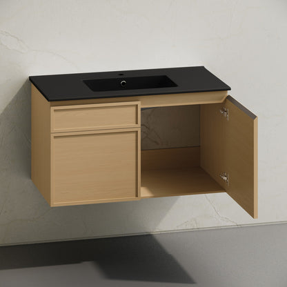 St. Tropez 36" Wall-Mounted Bathroom Vanity in Natural Oak with Black Sink Top